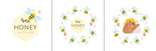 Head Of Cute Beekeeper Bear In Hat With Protective Net Against Background Of Honey Bees And Flowers Flying In Circle. Collection Of Images With Drawings And Text For Logo Of Honey Products. Vector.