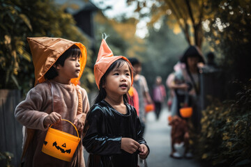 Wall Mural - Children dressed in their Halloween costumes trick-or-treating created with AI