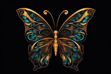 Sticker - vibrant gold and blue butterfly set against a dark black background. Generative AI