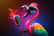 © Golden_hind - Stylish flamingo singer holding mic with open mouth on a stage. Generative AI