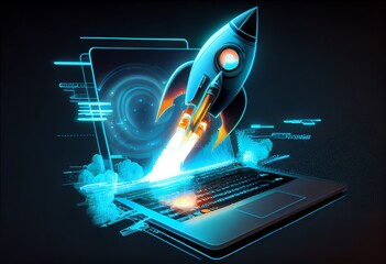 Electronic gadget development using a rocket with blue graphical elements on a laptop launches a rocket across a neon-glow circle. Generative AI