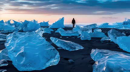 Plage de sable nord volcanique en Islande avec des blocs de glace échoués sur la sable, personnage en ombre chinoise au loin