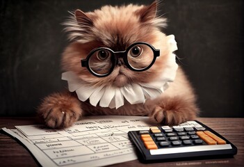 A cute cat in glasses calculating the family budget, promoting the idea of money management and financial planning. Generative AI