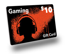 A gaming system gift card is seen in a 3-d illustration about online gaming and fee payments. A gamer in headphones is pictured on the card.
