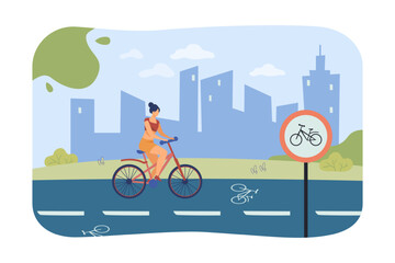 Wall Mural - Young woman riding bicycle vector illustration. Cyclist traveling on bike path on city background. Cycling, sport, healthy lifestyle, outdoor activity concept