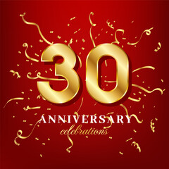 Wall Mural - 30 golden numbers and anniversary celebrating text with golden confetti spread on a red background
