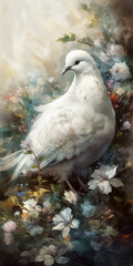 Wall Mural - Portrait of a white pigeon on background of flowers. Digital vertical painting. Generative AI