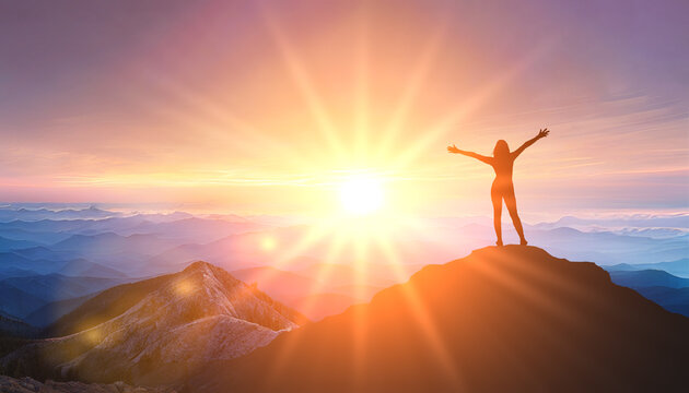 Wall Mural -  - Woman standing at top of mountain as sun begins to set. Success Business Leadership. Goals, hopes and aspirations concept. Female silhouette on sunrise mountain background