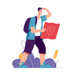 Vector illustration of man tourist traveler holding map and looking far away