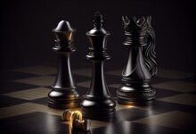 Black Chess Pieces On Dark Background. Generative AI