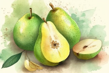 Wall Mural - watercolor painting featuring pears and an apple. Generative AI