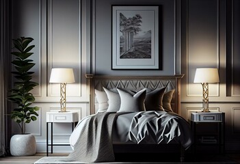 Hampton style bedroom with a frame mockup in a luxurious 3D render. Generative AI