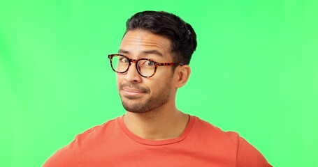 Sticker - Spectacles, face and male in a studio with green screen for optical awareness, wellness and health. Wink, flirt and portrait of an Indian man model with glasses for eye care by chroma key background.