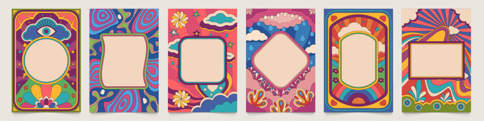 Retro psychedelic frames. Abstract colorful flyer layout with liquid shapes and place for text, backdrop wallpaper cover. Vector set