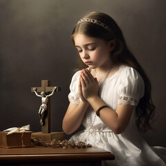 Wall Mural - A praying girl in her first communion outfit. AI generativ.
