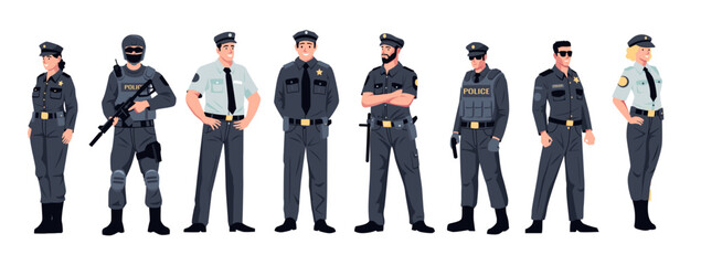 police officers. cartoon policeman policewoman characters, flat cops team in uniform, guard and secu