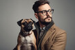 © Trinette Reed - Studio portrait of young stylish man and his pug dog.  Generative AI.