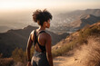 © TRINETTE + CHRIS - Young black woman hiking in hills above Los Angeles, California. Generative AI.