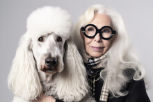 Studio Portrait Of Stylish Quirky Senior Woman With Grey Hair And Her Poodle Dog. They Look Alike. Generative AI. 