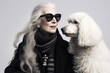 © Trinette Reed - Portrait of stylish senior woman with grey hair and her white poodle dog. They look alike. Generative AI.