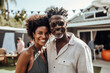 © TRINETTE + CHRIS - Portrait of black couple in backyard in the summer at family gathering with their home in the background. Generative AI.