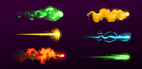 Vector cartoon illustration set of blasters laser or plasmic beams, cosmic shoots, objects for the game sooting, cartoon illustration set, color smoke 