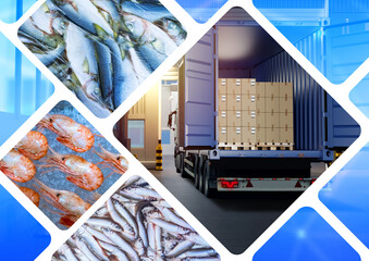 Truck for transportation of seafood. Shrimps and fish in boxes. Seafood import. Automotive logistics. Slave transport truck. Seafood delivery to supermarket concept. Fish export truck