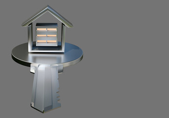 Poster - Real estate key. Metal key close-up. Lock to open door to house. Key to front door. Concept of buying and renting real estate. Clef isolated on gray background. Locker three-dimensional. 3d image