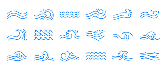 Water wave line icons. Flowing river water and sea wave marks, outline liquid elements and swirl marks for logo design. Vector isolated set