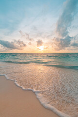 Sticker - Sunset beach landscape. Relaxing sand sea waves cloudy sky horizon. Tranquil freedom Mediterranean tropical nature background. Peaceful colors, seascape horizon. Summer travel closeup sunrise sunlight