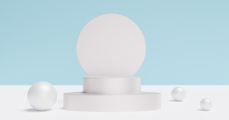 Poster - White pedestal podium with spheres on a blue background. Product advertisement. 3d rendering