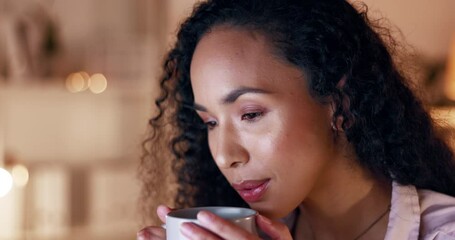 Poster - Business woman, coffee and relax employee in a office late at night thinking with ideas. Female, working and corporate work of a worker reading computer data for online planning on pc with tea