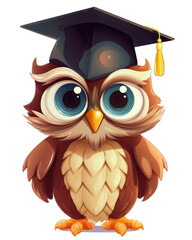 Wall Mural - A wise owl wearing a graduation cap and gown isolated on a transparent background. Created with generative AI technology.