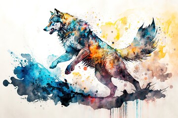  Watercolor of a Wolf in aquarelle style with paint splatters background. Wild Animals paint splatters white background, Generative AI