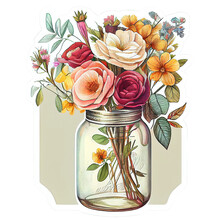 Sticker Flowers Bouquet In Mason Jar Watercolor Sublimation Clipart. Colorful Florals, Rose, Sunflower, Wild Flowers Bouquet In Mason Jar, Clipart Transparent Background, Generative AI
