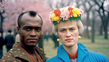 Gay Couple on a spring festival, in a flower crown, Generative AI