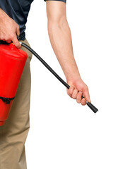 Wall Mural - Man using fire extinguisher against grey background