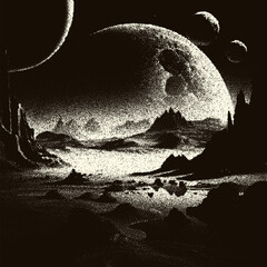 Poster - Alien planet landscape in retro dotwork style. Planets and satellites over unknown planet in space. Sci-fi world landscape beyond our galaxy.