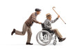 © Ljupco Smokovski - Elderly man pushing a senior in a wheelchair and holding a cane