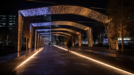 Wall Mural -  a walkway with lights on it and a person walking down the walkway at night in a city with tall buildings in the background and people walking down the walkway.  generative ai