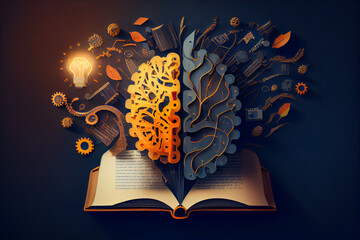 Wall Mural - The concept of education, the study of modern sciences. Human brain, abstract illustration made from different parts of mechanics and an open book.