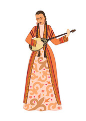 Wall Mural - Vector illustration. A beautiful young woman in a Kazakh national costume plays a dombra musical instrument on the background of a yurt