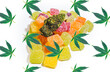 Medical Marijuana Edibles, Candies Infused with CBD HHC or THC Cannabis on white background with leafs