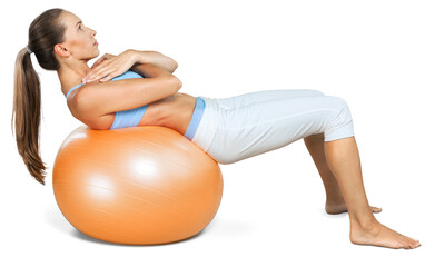 Wall Mural - Young woman training with Fitness Ball on white background