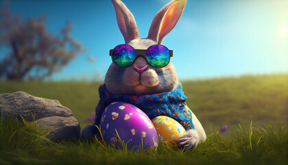 a crazy bunny with sunglasses who celebrates his eas ai generated image