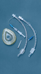 set for tracheal intubation on a blue background close-up