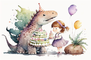 baby girl and dinosaur celebrating birthday with birthday cake, balloons on white background. happy 