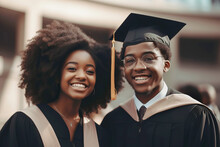 Beautiful Black American Young Man And Woman Wearing A Graduation Cap. Study, Education, Graduate Concept. Generative AI Illustration