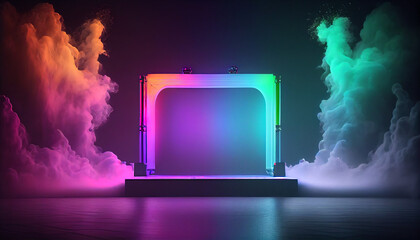 Wall Mural - Neon empty stage with smoke and spot light. stage background  Ai generated image