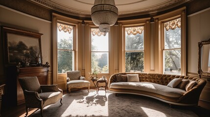 A classic Victorian living room with a large bay window and elegant drapery invites natural light and picturesque views, generative ai